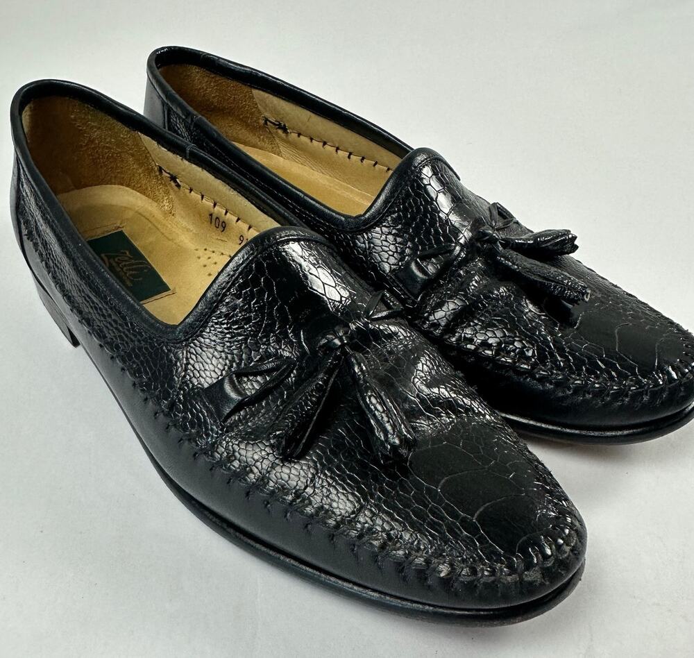 Zelli Italia Handcrafted Ostrich Black Leather Tassel Loafers Moc Toe Mens 9.5